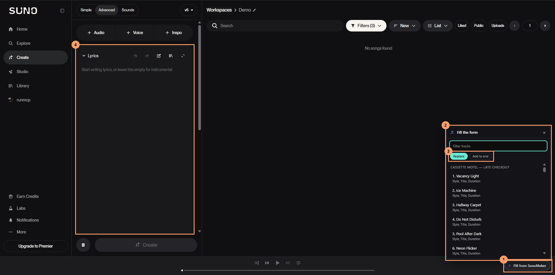 Suno's Create page with the SunoMaker extension's Fill the form picker open, listing the tracks of Late Checkout.
