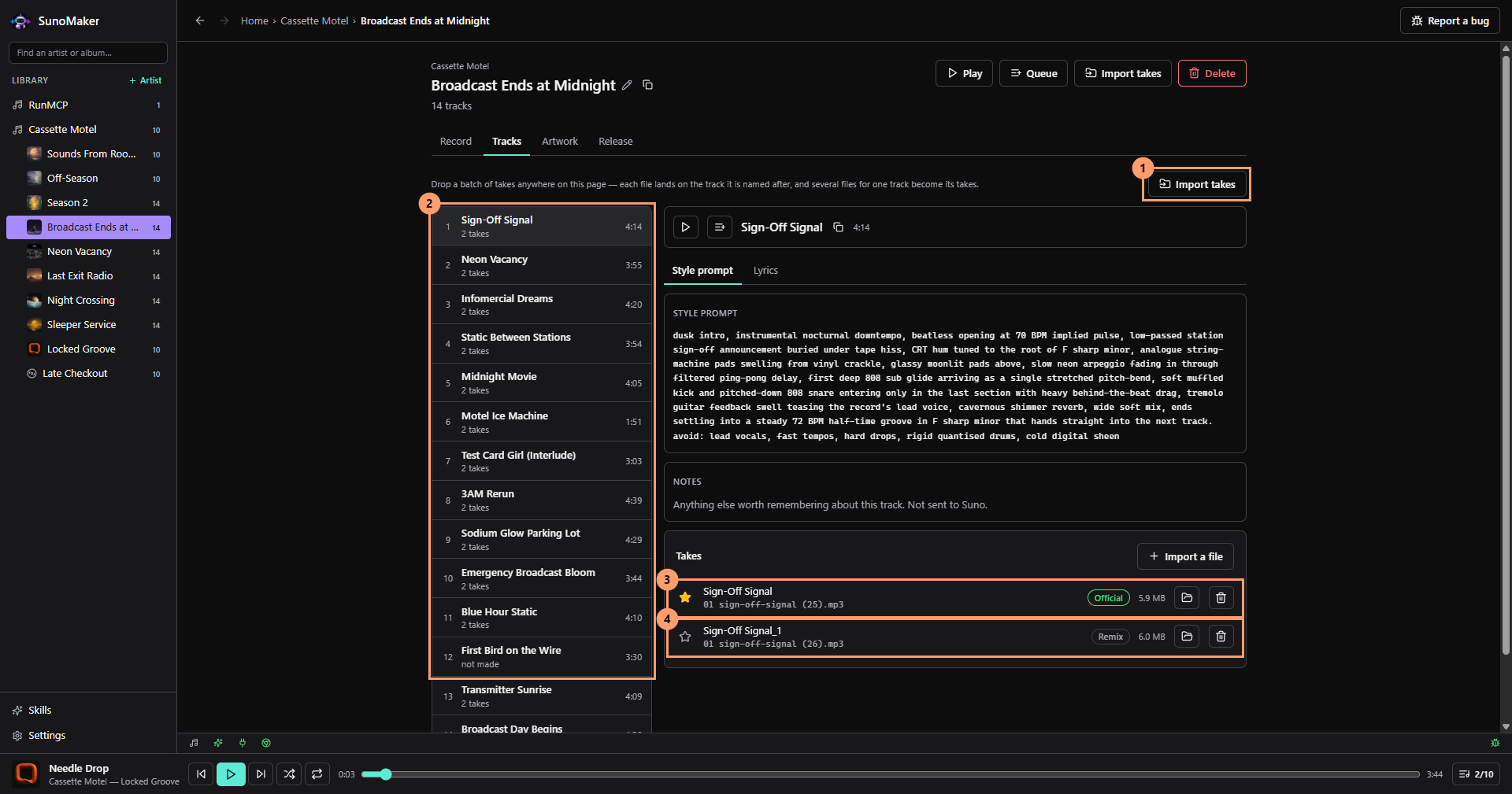 Broadcast Ends at Midnight on its Tracks tab: each track has two takes, and the first take of Sign-Off Signal is starred and marked Official.